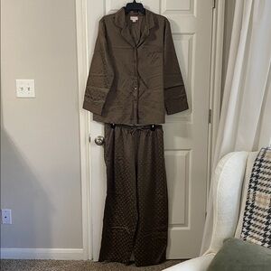 Cabernet long sleeve notch collar button up brown satin jacquard polka dot pjs